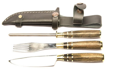 Juego" Cuchillo, Tenedor y Chaira en Madera Embutido Chico". CUCH 47